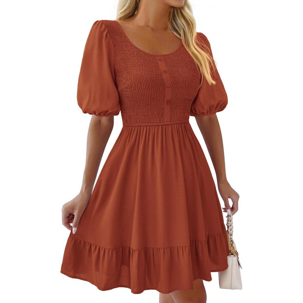 imageBTFBM Spring Empire Waist Dress for Women 2025 Summer Smocked Crewneck Puff Short Sleeve Beach Vacation Mini DressesBrick Red