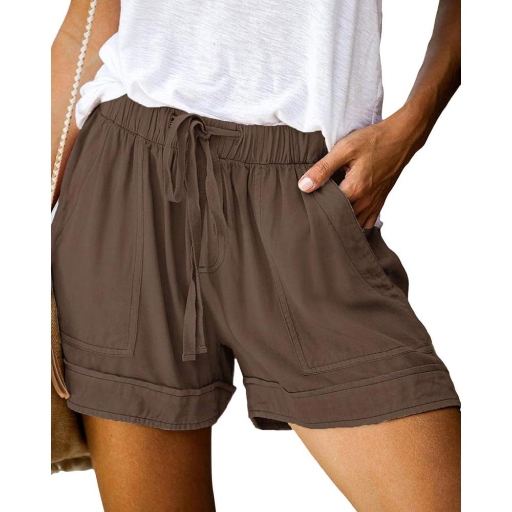 imageBTFBM Spring Shorts for Women 2026 Summer Casual Elastic Waist Drawstring Lightweight Beach Lounge Short Pants PocketsSolid Brown