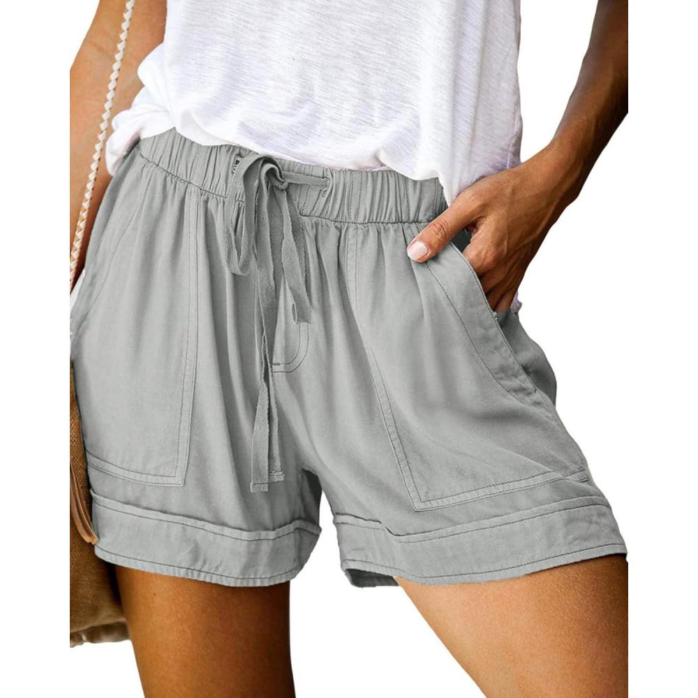 imageBTFBM Spring Shorts for Women 2026 Summer Casual Elastic Waist Drawstring Lightweight Beach Lounge Short Pants PocketsSolid Grey