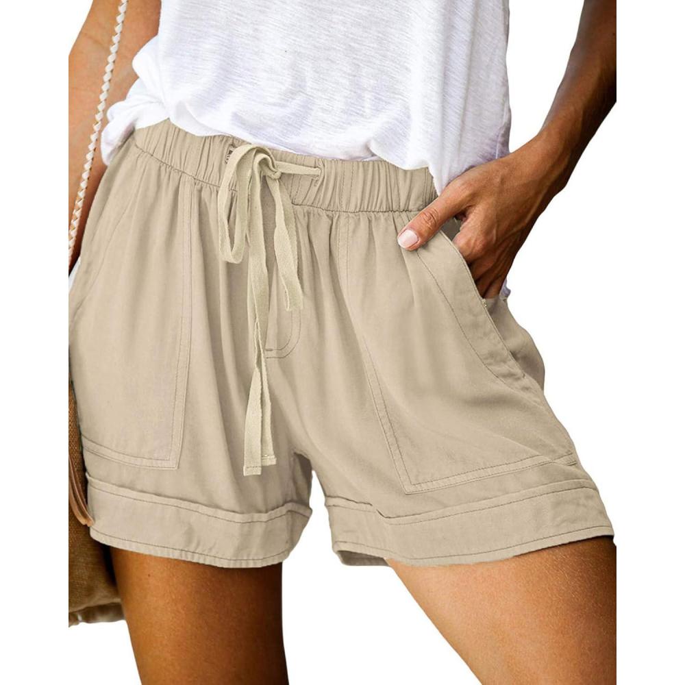 imageBTFBM Spring Shorts for Women 2026 Summer Casual Elastic Waist Drawstring Lightweight Beach Lounge Short Pants PocketsSolid Khaki