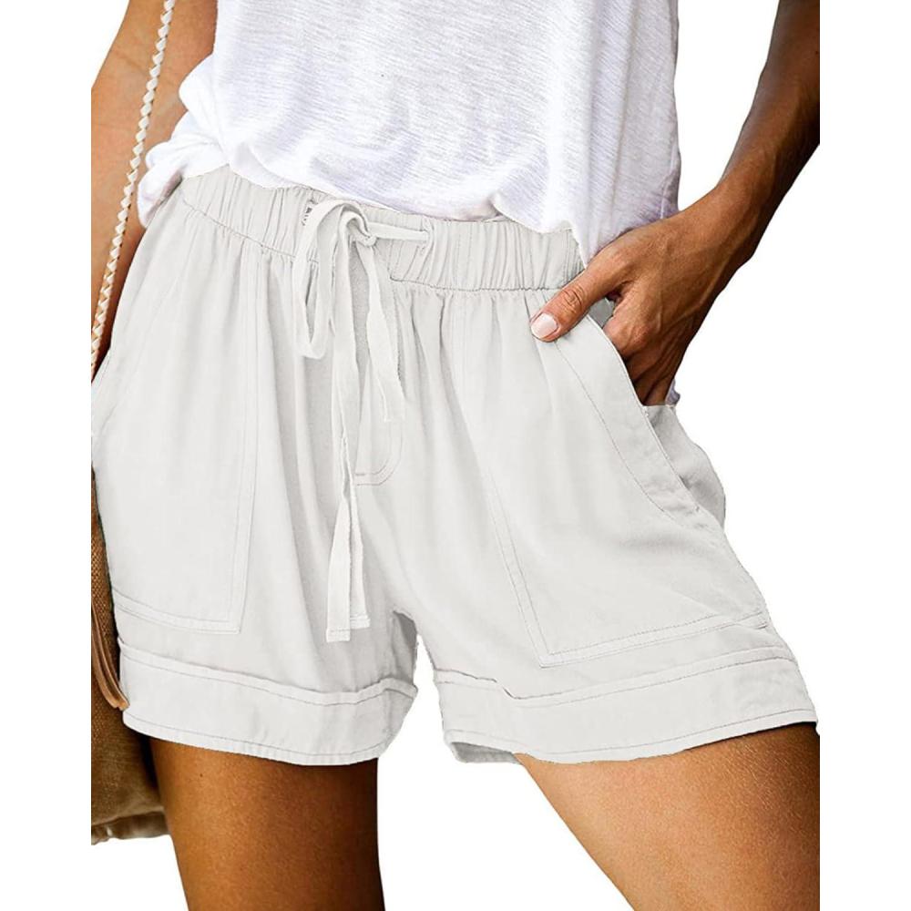 imageBTFBM Spring Shorts for Women 2026 Summer Casual Elastic Waist Drawstring Lightweight Beach Lounge Short Pants PocketsSolid White