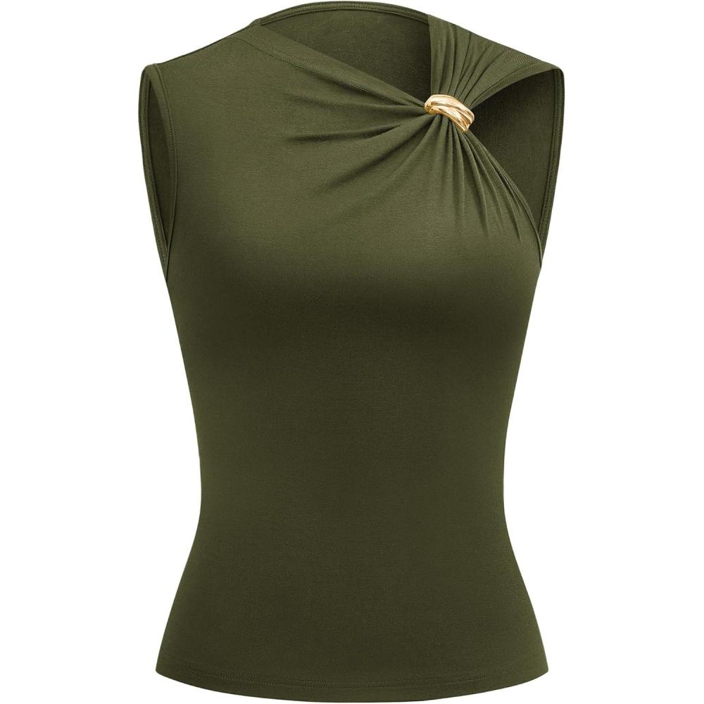 imageBTFBM Spring Tops for Women 2026 Asymmetrical Neck Sleeveless Going Out Summer Outfits Casual Ruched Y2k Tank Top ClothesArmy Green