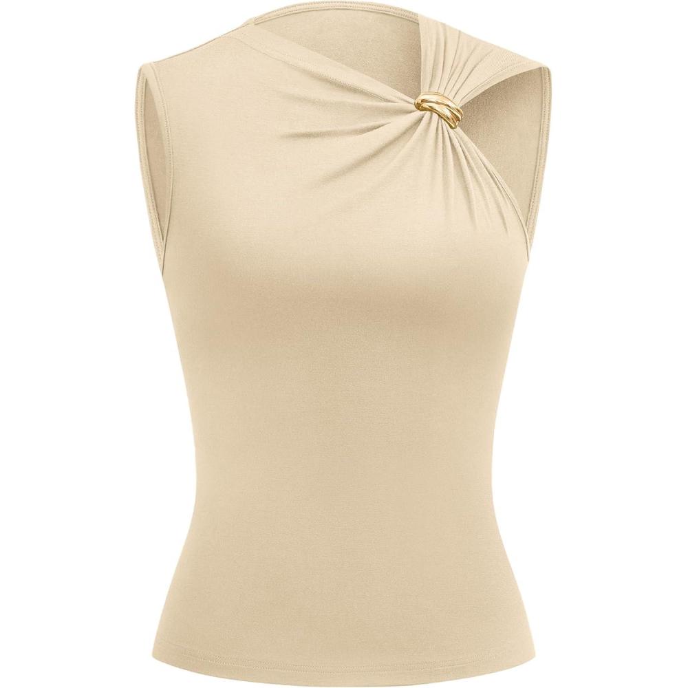 imageBTFBM Spring Tops for Women 2026 Asymmetrical Neck Sleeveless Going Out Summer Outfits Casual Ruched Y2k Tank Top ClothesBeige