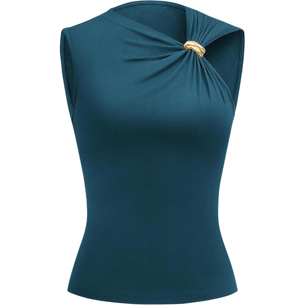 imageBTFBM Spring Tops for Women 2026 Asymmetrical Neck Sleeveless Going Out Summer Outfits Casual Ruched Y2k Tank Top ClothesDark Blue