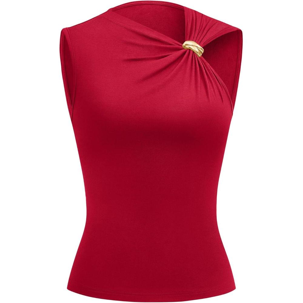 imageBTFBM Spring Tops for Women 2026 Asymmetrical Neck Sleeveless Going Out Summer Outfits Casual Ruched Y2k Tank Top ClothesRed