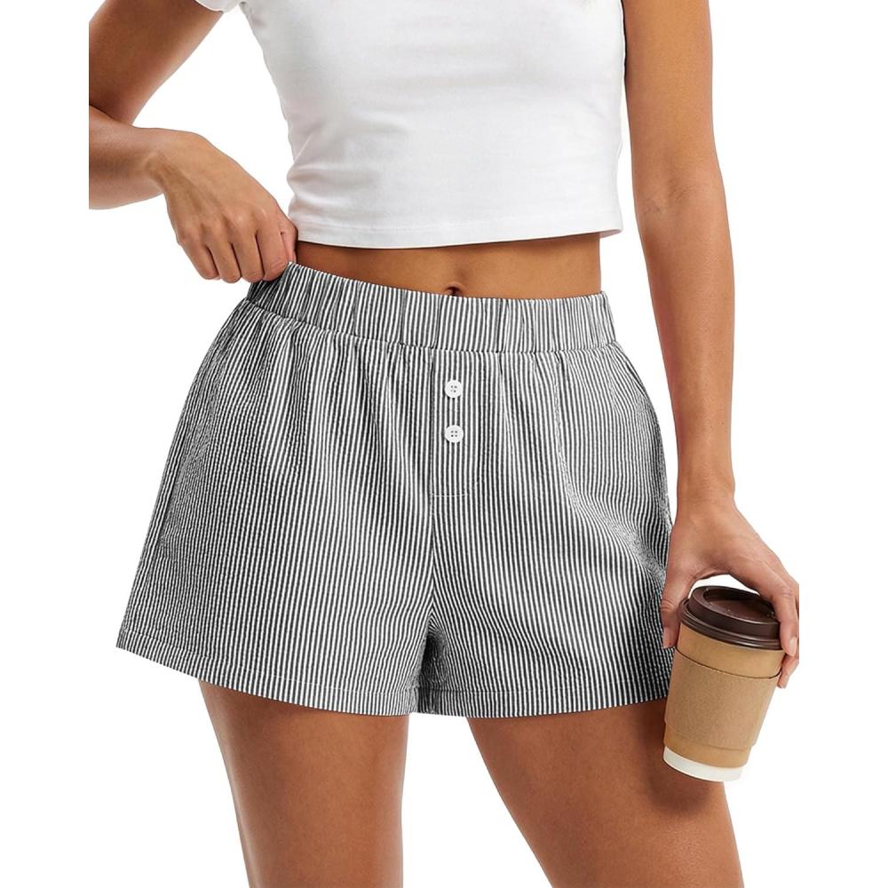 imageBTFBM Striped Boxer Shorts for Women 2026 Spring Summer Y2k Vacation Beach Bottoms Lounge Sleep Pajama PJ Pants ClothesBlack White