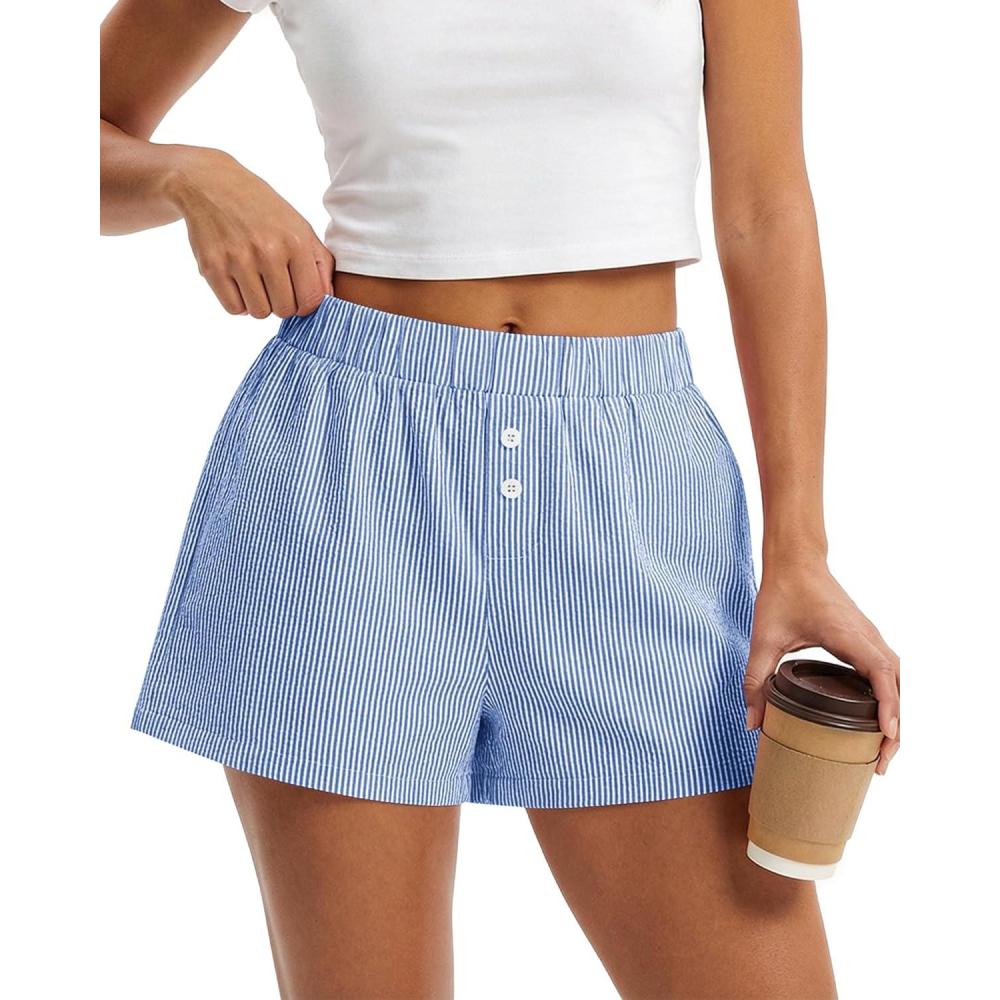 imageBTFBM Striped Boxer Shorts for Women 2026 Spring Summer Y2k Vacation Beach Bottoms Lounge Sleep Pajama PJ Pants ClothesBlue White