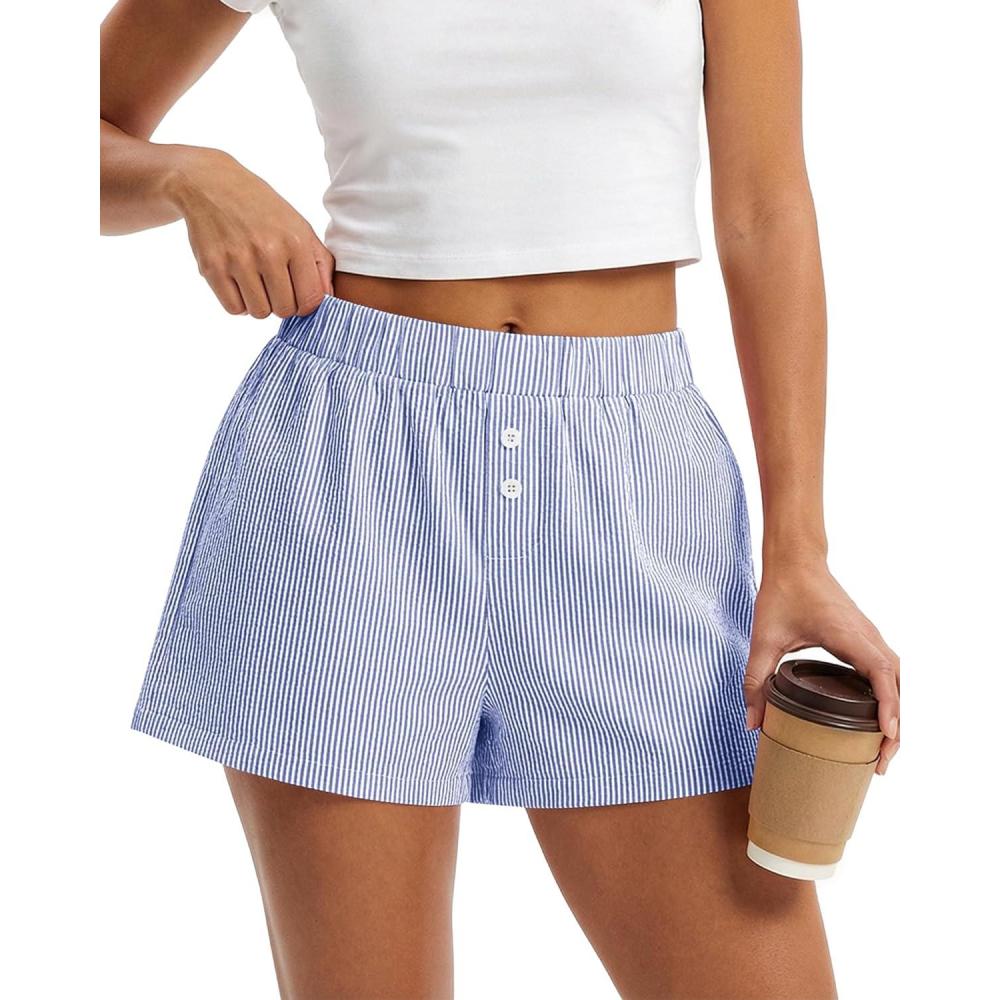 imageBTFBM Striped Boxer Shorts for Women 2026 Spring Summer Y2k Vacation Beach Bottoms Lounge Sleep Pajama PJ Pants ClothesDark Blue