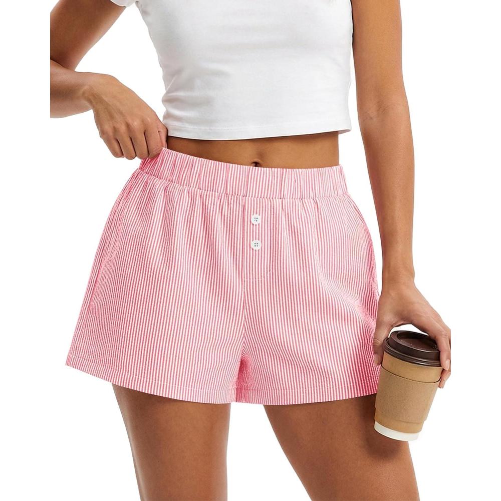imageBTFBM Striped Boxer Shorts for Women 2026 Spring Summer Y2k Vacation Beach Bottoms Lounge Sleep Pajama PJ Pants ClothesPink White