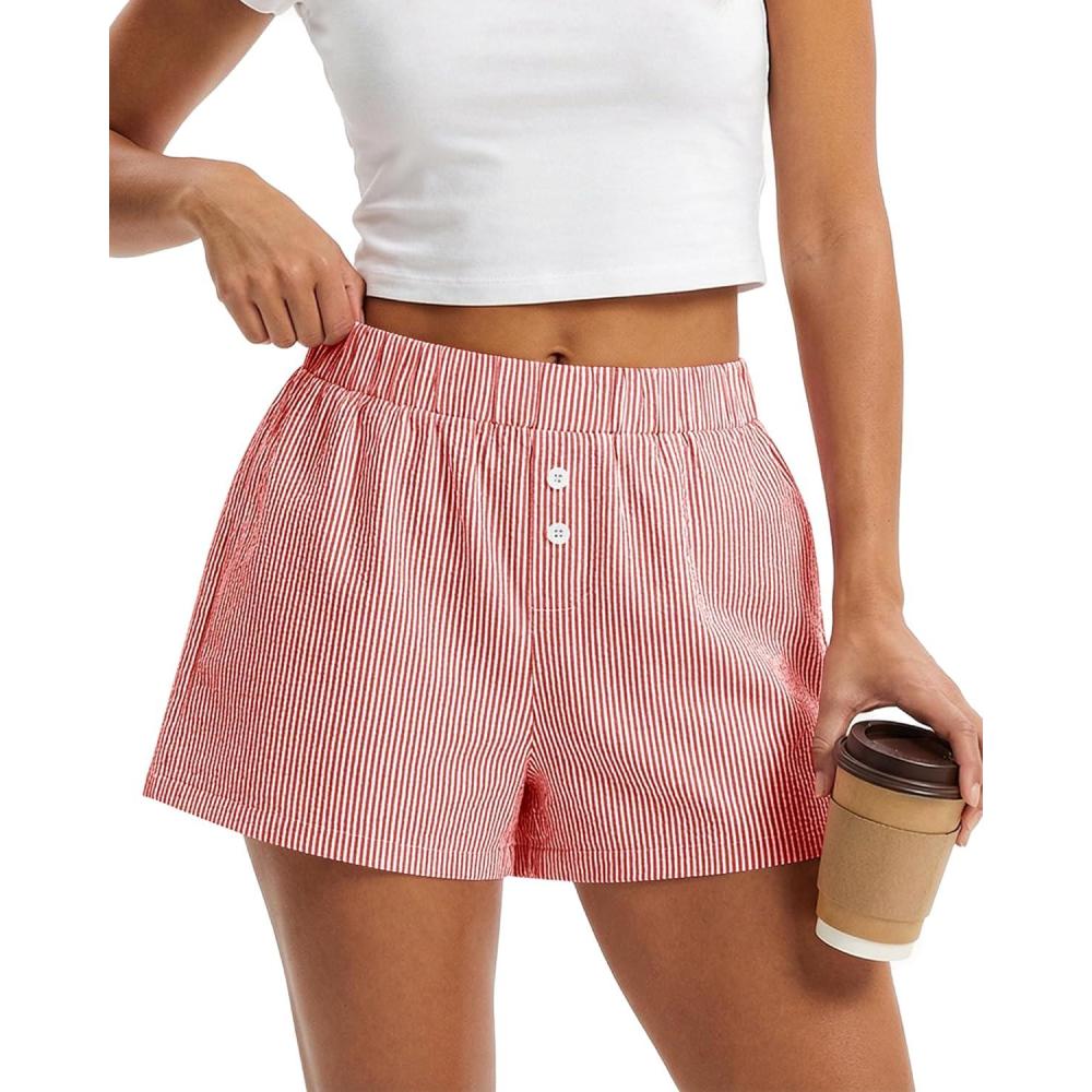 imageBTFBM Striped Boxer Shorts for Women 2026 Spring Summer Y2k Vacation Beach Bottoms Lounge Sleep Pajama PJ Pants ClothesRed White