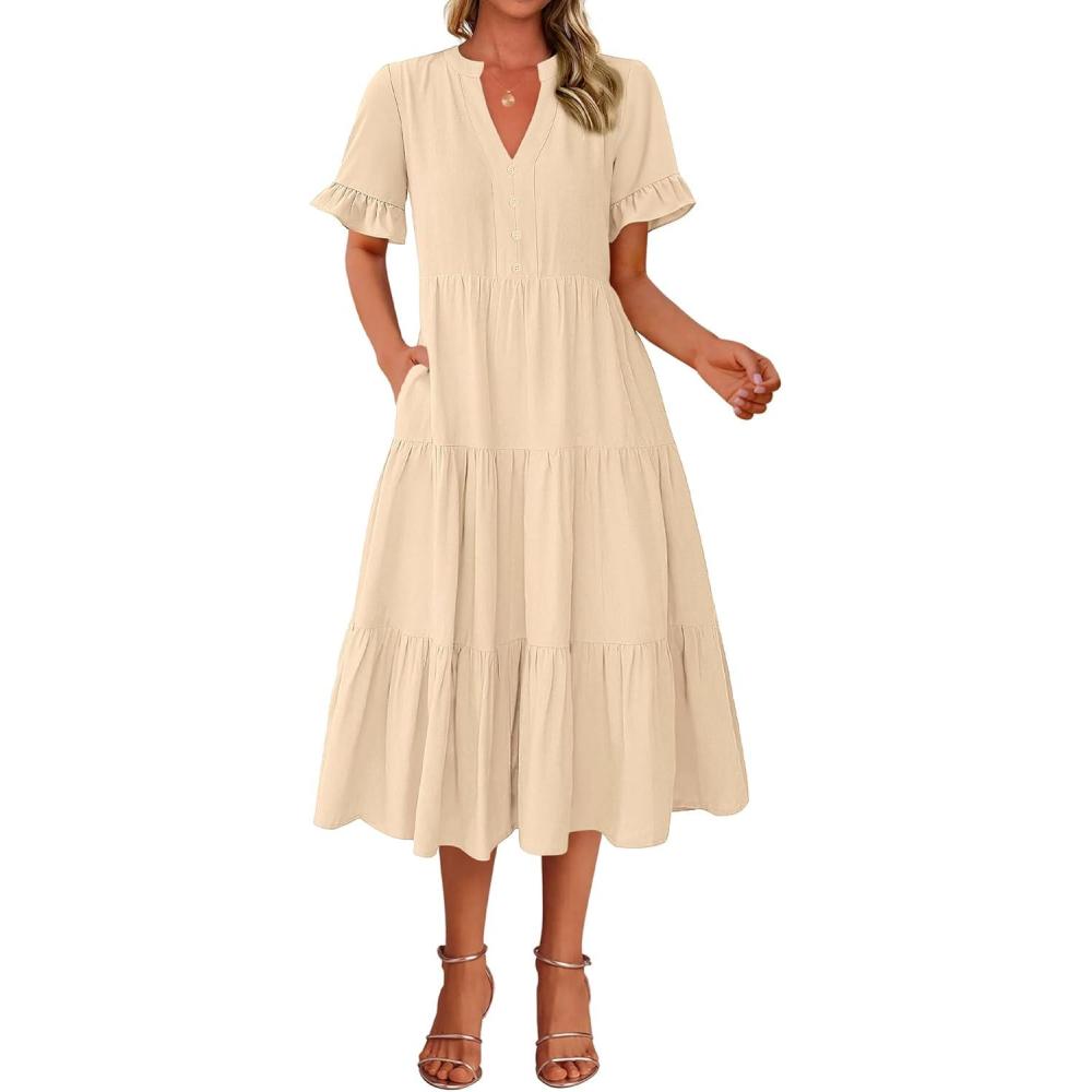 imageBTFBM Summer Dresses for Women 2025 Vacation V Neck Loose Short Sleeve A Line Tiered Flowy Casual Midi Beach DressBeige