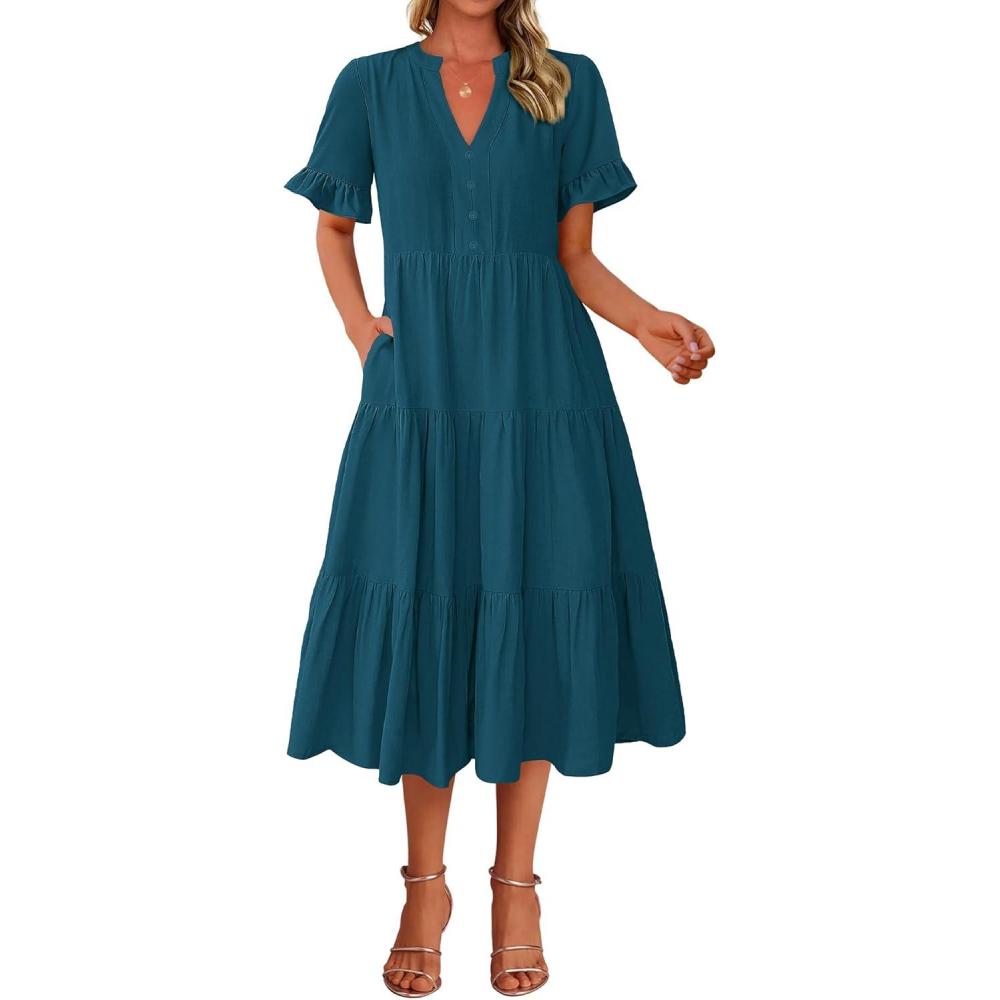 imageBTFBM Summer Dresses for Women 2025 Vacation V Neck Loose Short Sleeve A Line Tiered Flowy Casual Midi Beach DressLake Blue