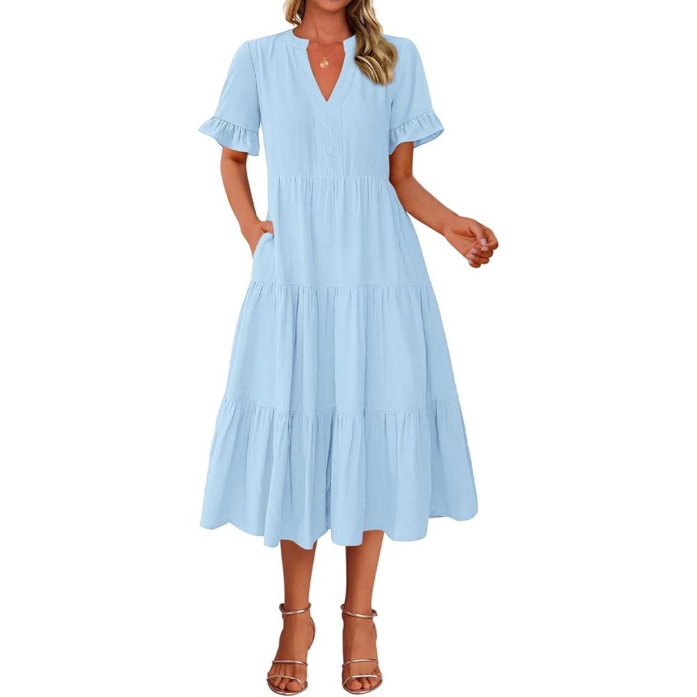 imageBTFBM Summer Dresses for Women 2025 Vacation V Neck Loose Short Sleeve A Line Tiered Flowy Casual Midi Beach DressSky Blue