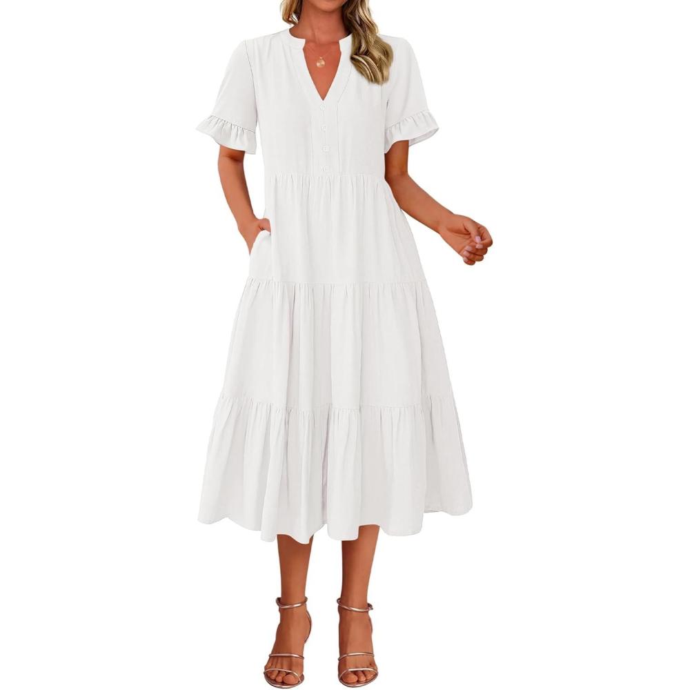 imageBTFBM Summer Dresses for Women 2025 Vacation V Neck Loose Short Sleeve A Line Tiered Flowy Casual Midi Beach DressWhite