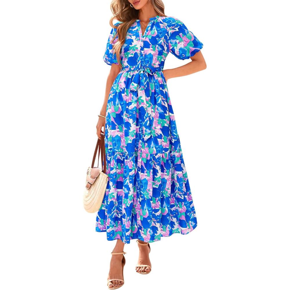 imageBTFBM Summer Dresses for Women 2026 Boho Short Sleeve V Neck Button Belt Flowy Spring Clothes Beach Vacation Maxi DressFloral Blue Purple White