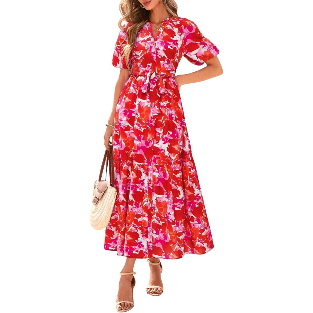 imageBTFBM Summer Dresses for Women 2026 Boho Short Sleeve V Neck Button Belt Flowy Spring Clothes Beach Vacation Maxi DressFloral Orange Pink White