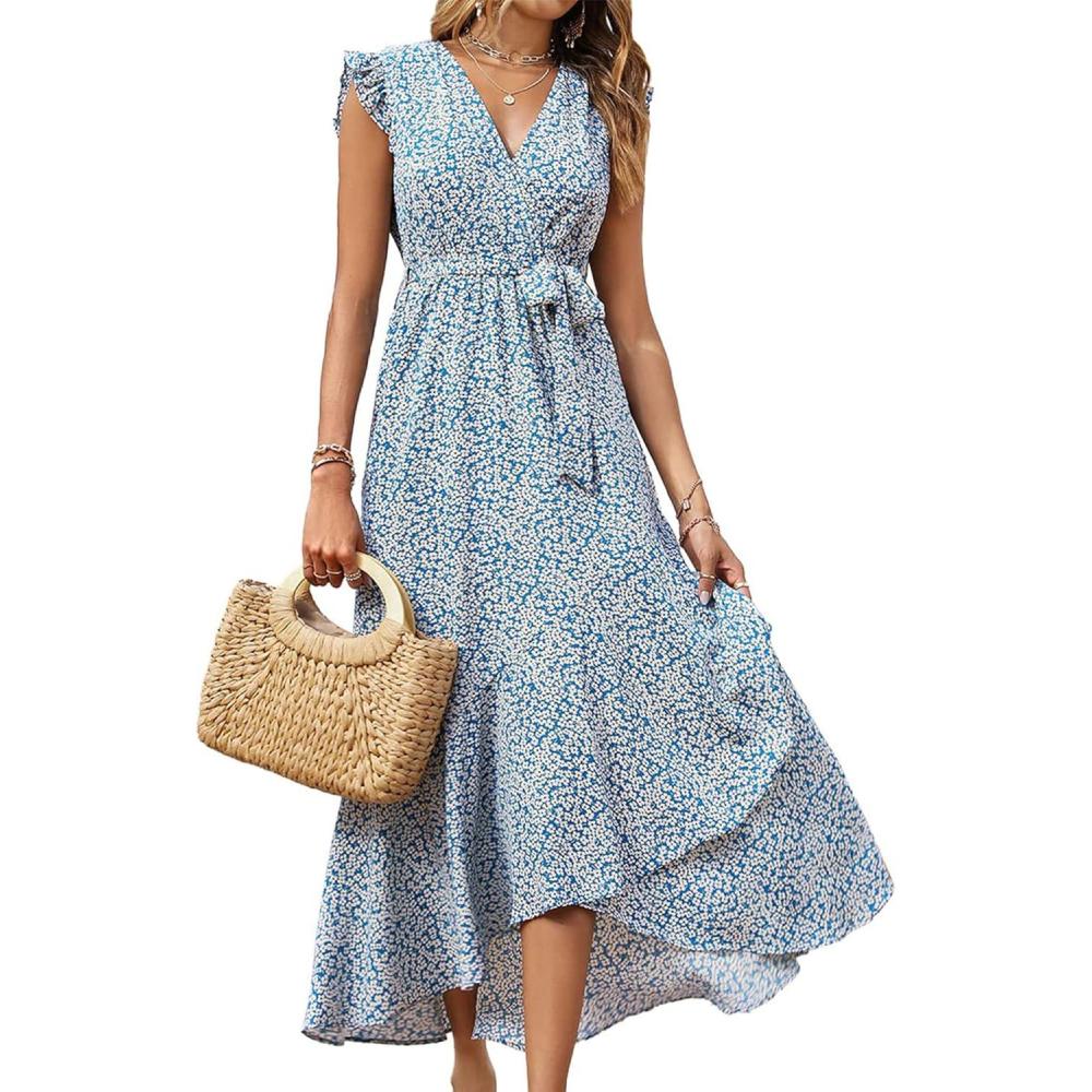 imageBTFBM Summer Floral Maxi Dress for Women 2025 Vacation Ruffle Sleeve V Neck Belt Wrap Spring Beach Wedding Guest DressesFloral Print Blue