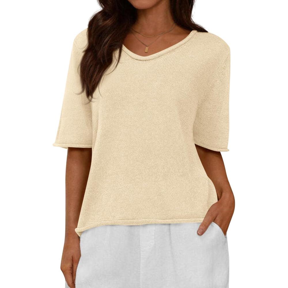imageBTFBM Sweaters for Women 2026 Summer Oversized Half Short Sleeve Knitted Pullover V Neck Casual Loose Fit Spring TopsBeige
