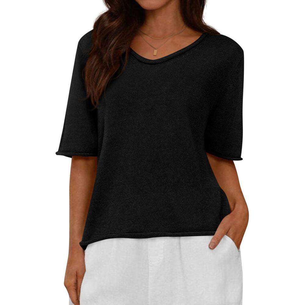 imageBTFBM Sweaters for Women 2026 Summer Oversized Half Short Sleeve Knitted Pullover V Neck Casual Loose Fit Spring TopsBlack