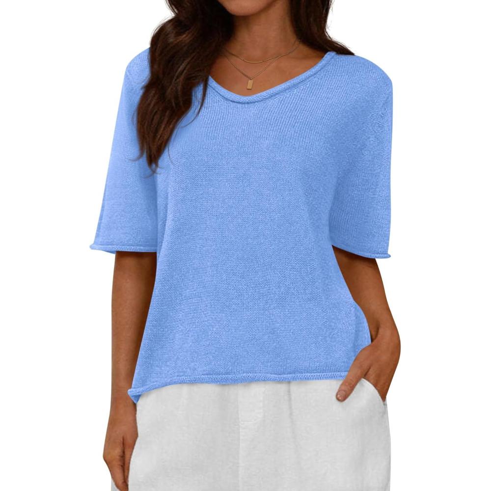 imageBTFBM Sweaters for Women 2026 Summer Oversized Half Short Sleeve Knitted Pullover V Neck Casual Loose Fit Spring TopsBlue