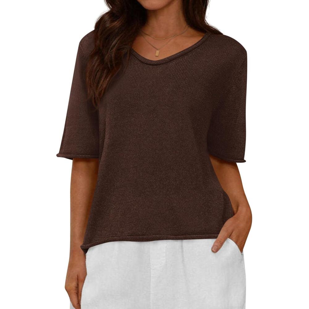imageBTFBM Sweaters for Women 2026 Summer Oversized Half Short Sleeve Knitted Pullover V Neck Casual Loose Fit Spring TopsBrown