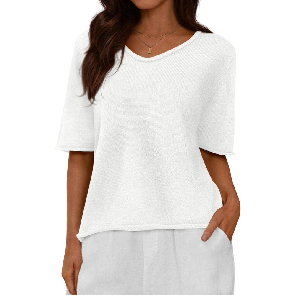imageBTFBM Sweaters for Women 2026 Summer Oversized Half Short Sleeve Knitted Pullover V Neck Casual Loose Fit Spring TopsWhite