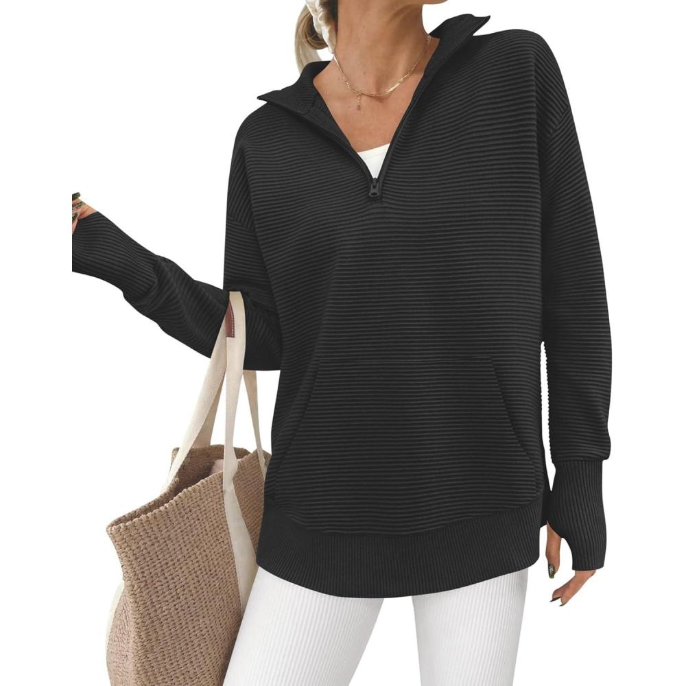 imageBTFBM Sweaters for Women Fall Clothes 2026 Pocket Quarter Zip Pullover V Neck Long Sleeve Knit Trendy Winter SweaterBlack