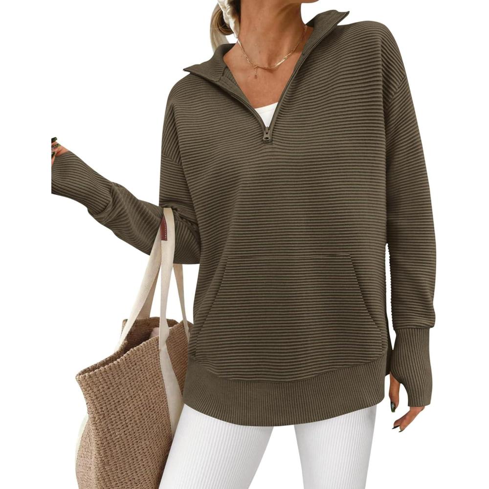 imageBTFBM Sweaters for Women Fall Clothes 2026 Pocket Quarter Zip Pullover V Neck Long Sleeve Knit Trendy Winter SweaterDark Army Green