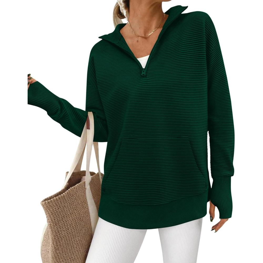 imageBTFBM Sweaters for Women Fall Clothes 2026 Pocket Quarter Zip Pullover V Neck Long Sleeve Knit Trendy Winter SweaterDark Green
