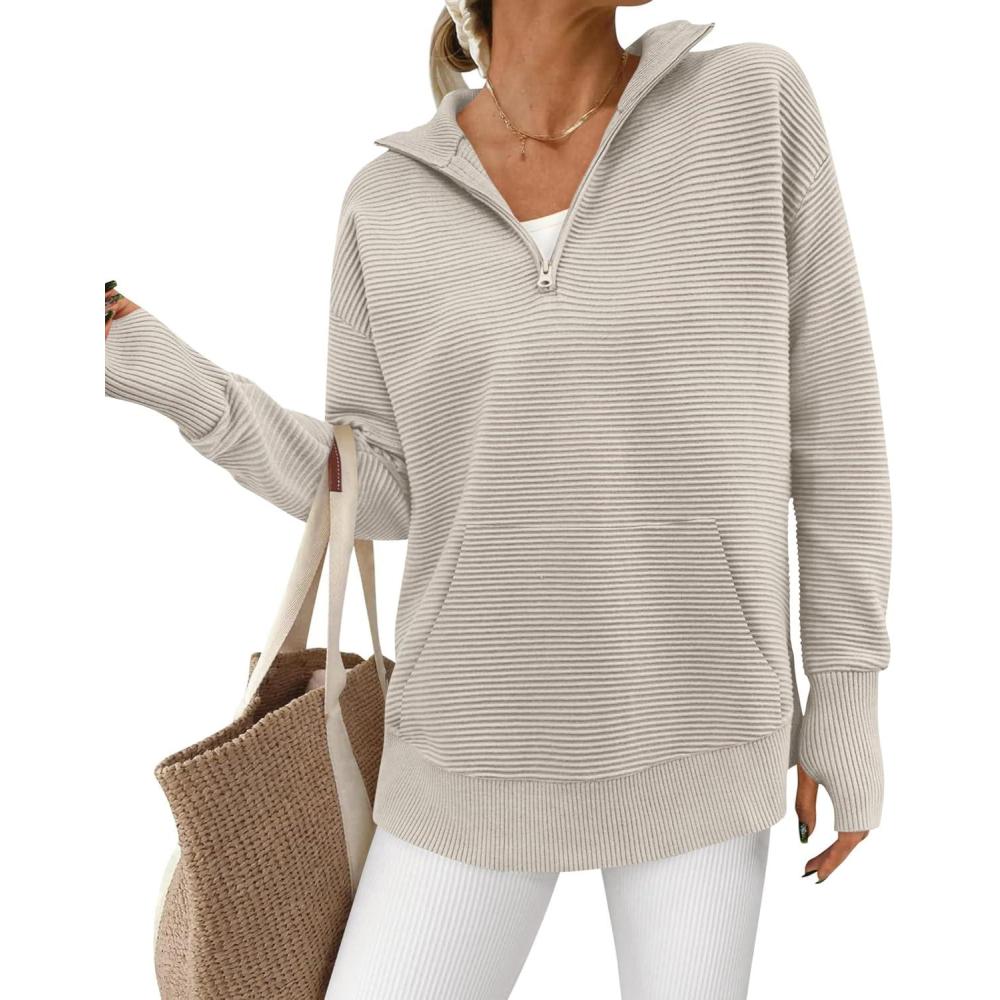 imageBTFBM Sweaters for Women Fall Clothes 2026 Pocket Quarter Zip Pullover V Neck Long Sleeve Knit Trendy Winter SweaterLight Grey