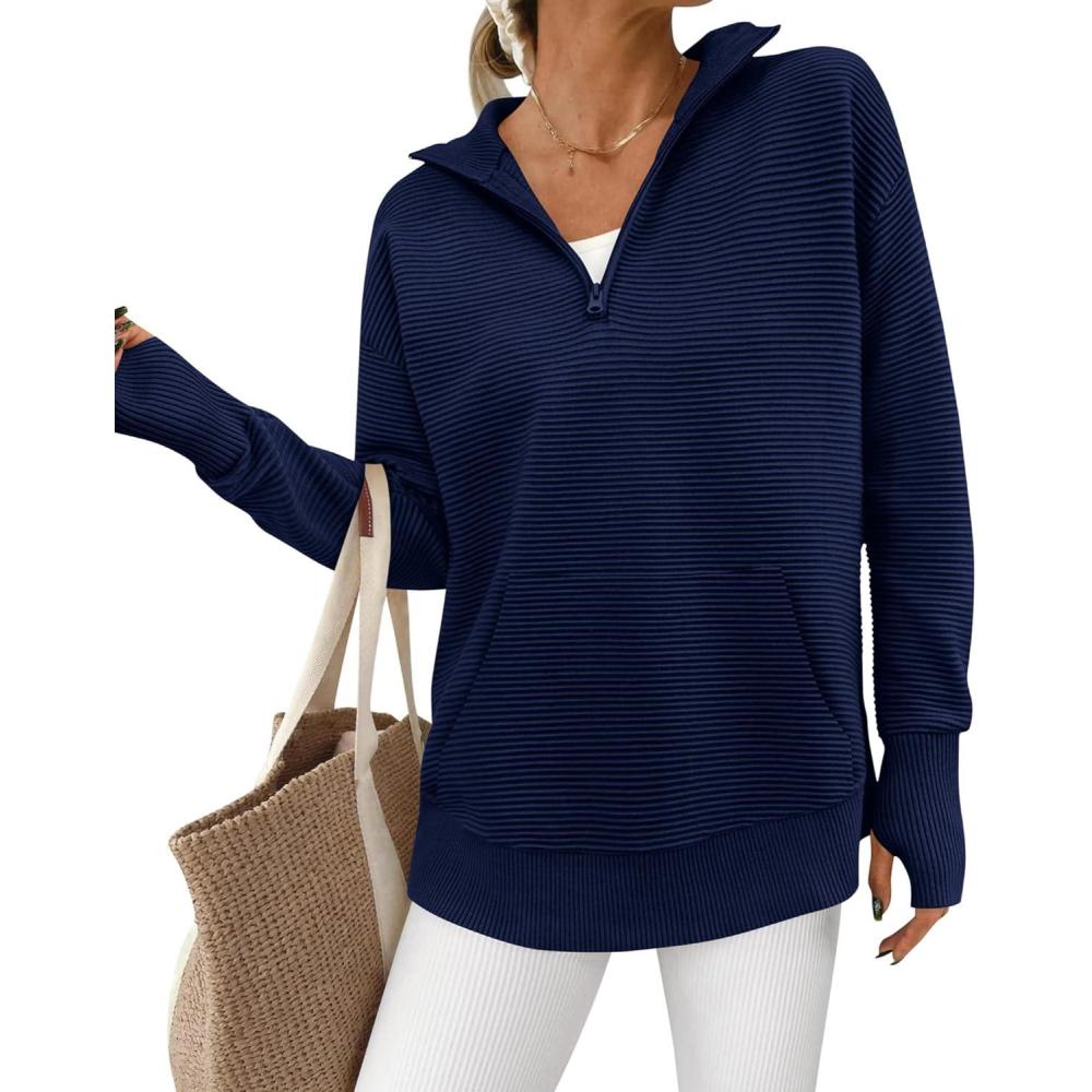 imageBTFBM Sweaters for Women Fall Clothes 2026 Pocket Quarter Zip Pullover V Neck Long Sleeve Knit Trendy Winter SweaterNavy Blue