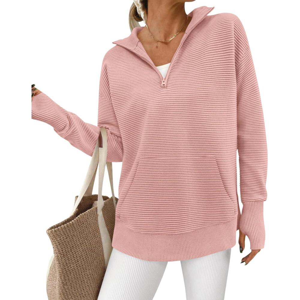 imageBTFBM Sweaters for Women Fall Clothes 2026 Pocket Quarter Zip Pullover V Neck Long Sleeve Knit Trendy Winter SweaterPink