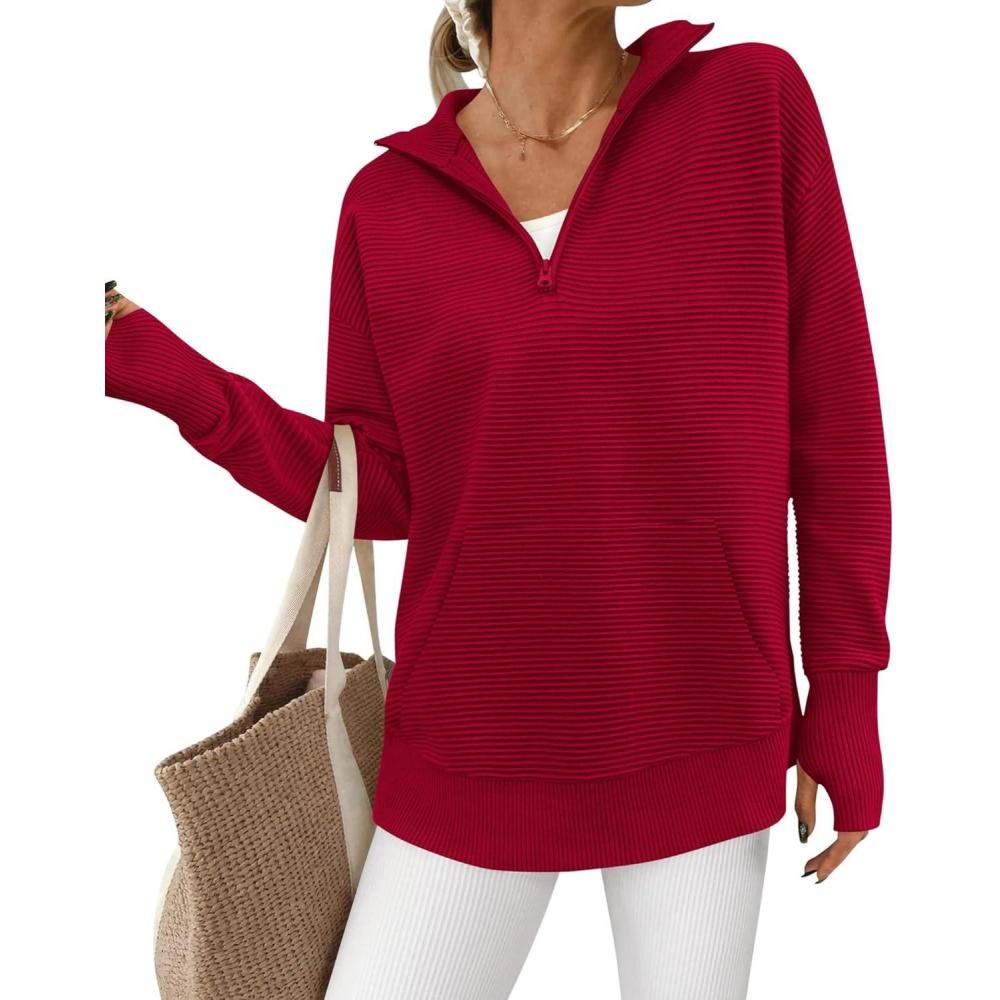 imageBTFBM Sweaters for Women Fall Clothes 2026 Pocket Quarter Zip Pullover V Neck Long Sleeve Knit Trendy Winter SweaterRed