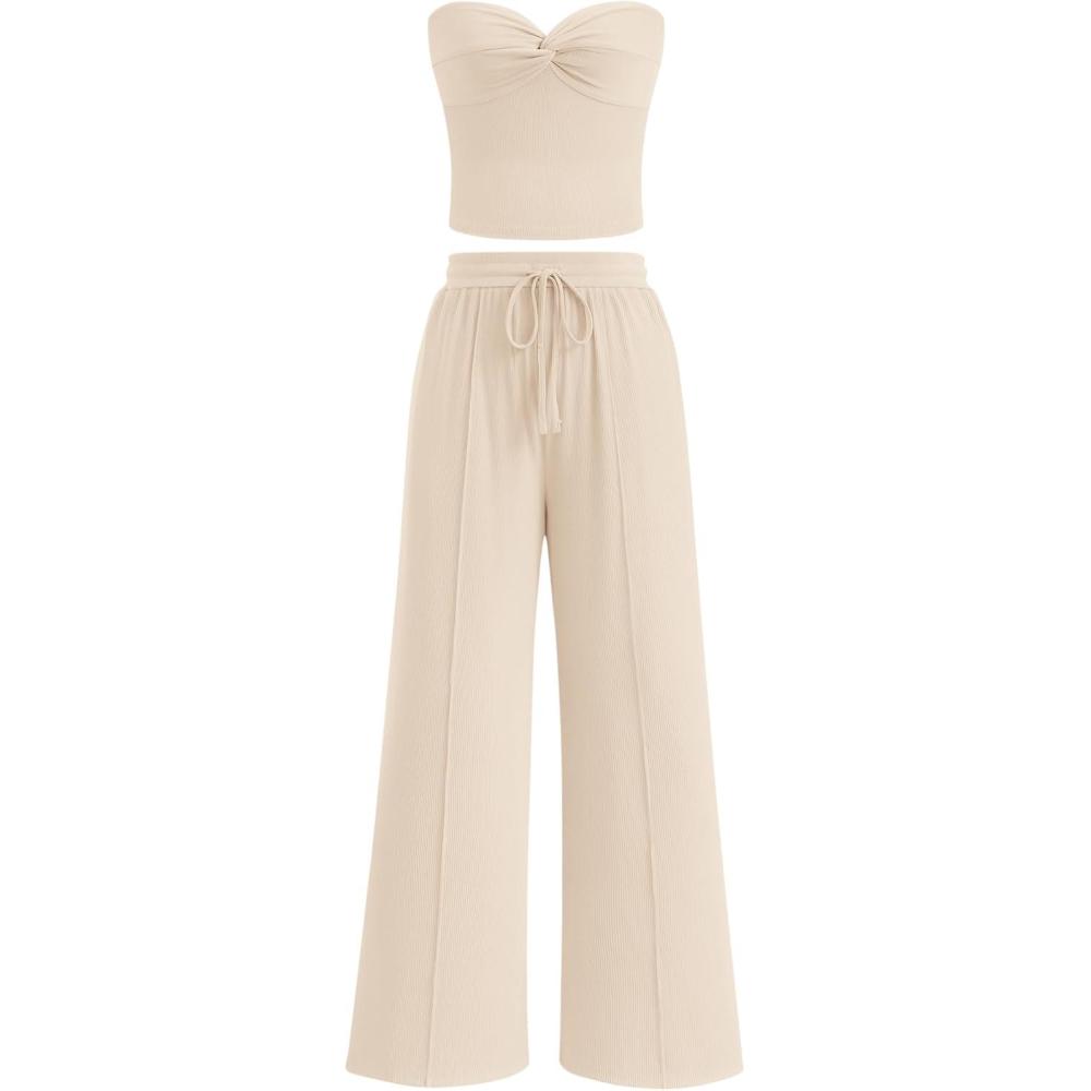 imageBTFBM Two Piece Sets For Women Summer Ribbed Strapless Twist Knot Tube Top Pants Set Casual 2026 Beach Vacation OutfitsApricot