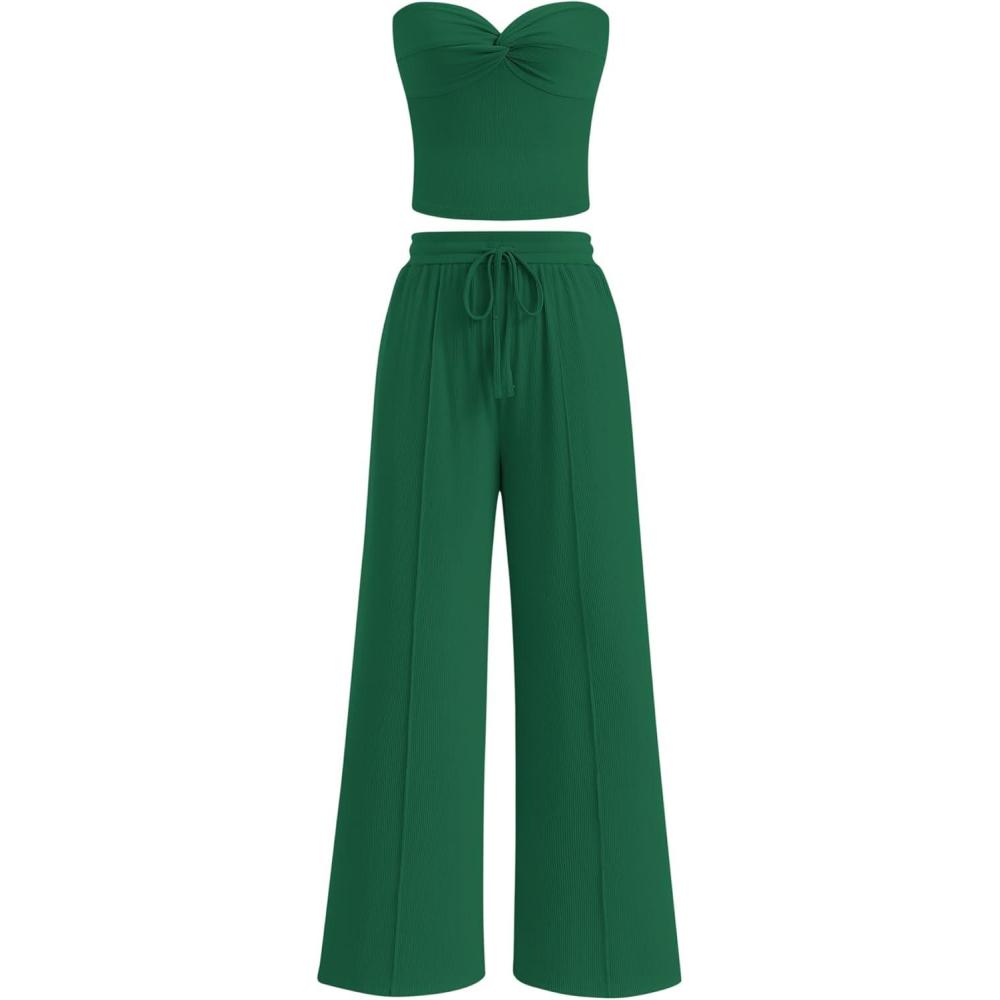 imageBTFBM Two Piece Sets For Women Summer Ribbed Strapless Twist Knot Tube Top Pants Set Casual 2026 Beach Vacation OutfitsGreen