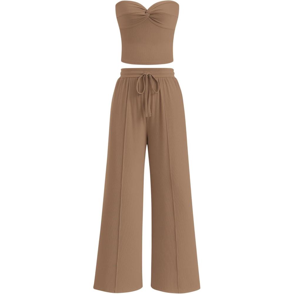 imageBTFBM Two Piece Sets For Women Summer Ribbed Strapless Twist Knot Tube Top Pants Set Casual 2026 Beach Vacation OutfitsKhaki