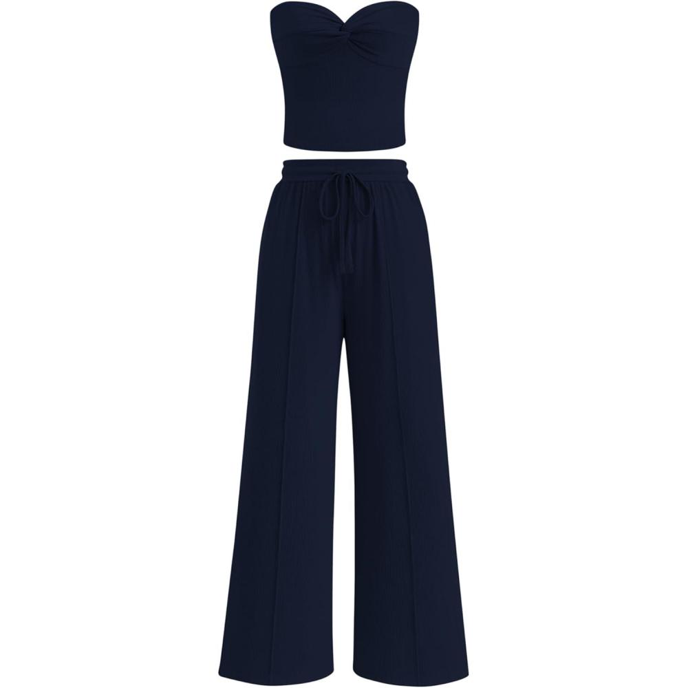 imageBTFBM Two Piece Sets For Women Summer Ribbed Strapless Twist Knot Tube Top Pants Set Casual 2026 Beach Vacation OutfitsNavy Blue