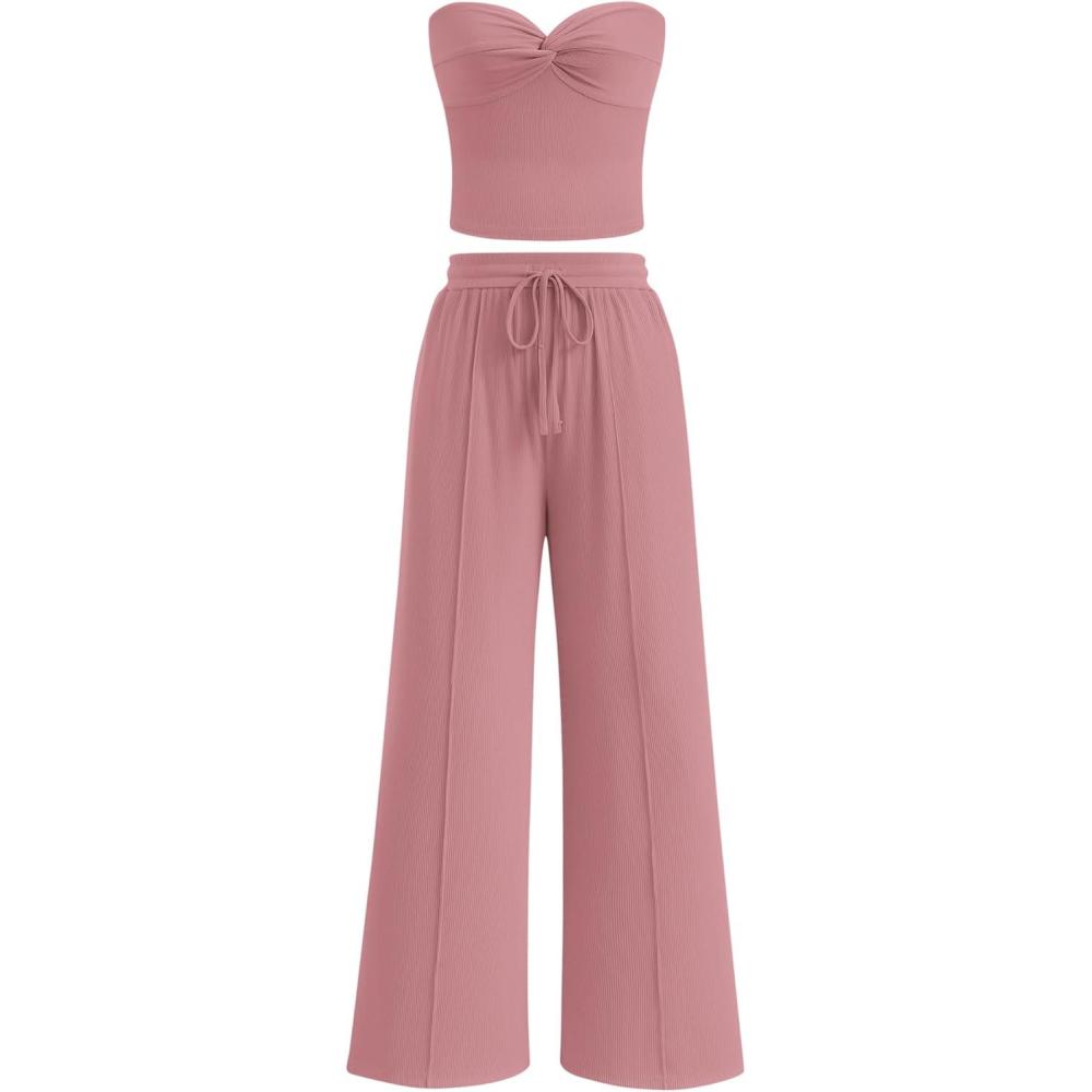 imageBTFBM Two Piece Sets For Women Summer Ribbed Strapless Twist Knot Tube Top Pants Set Casual 2026 Beach Vacation OutfitsPink