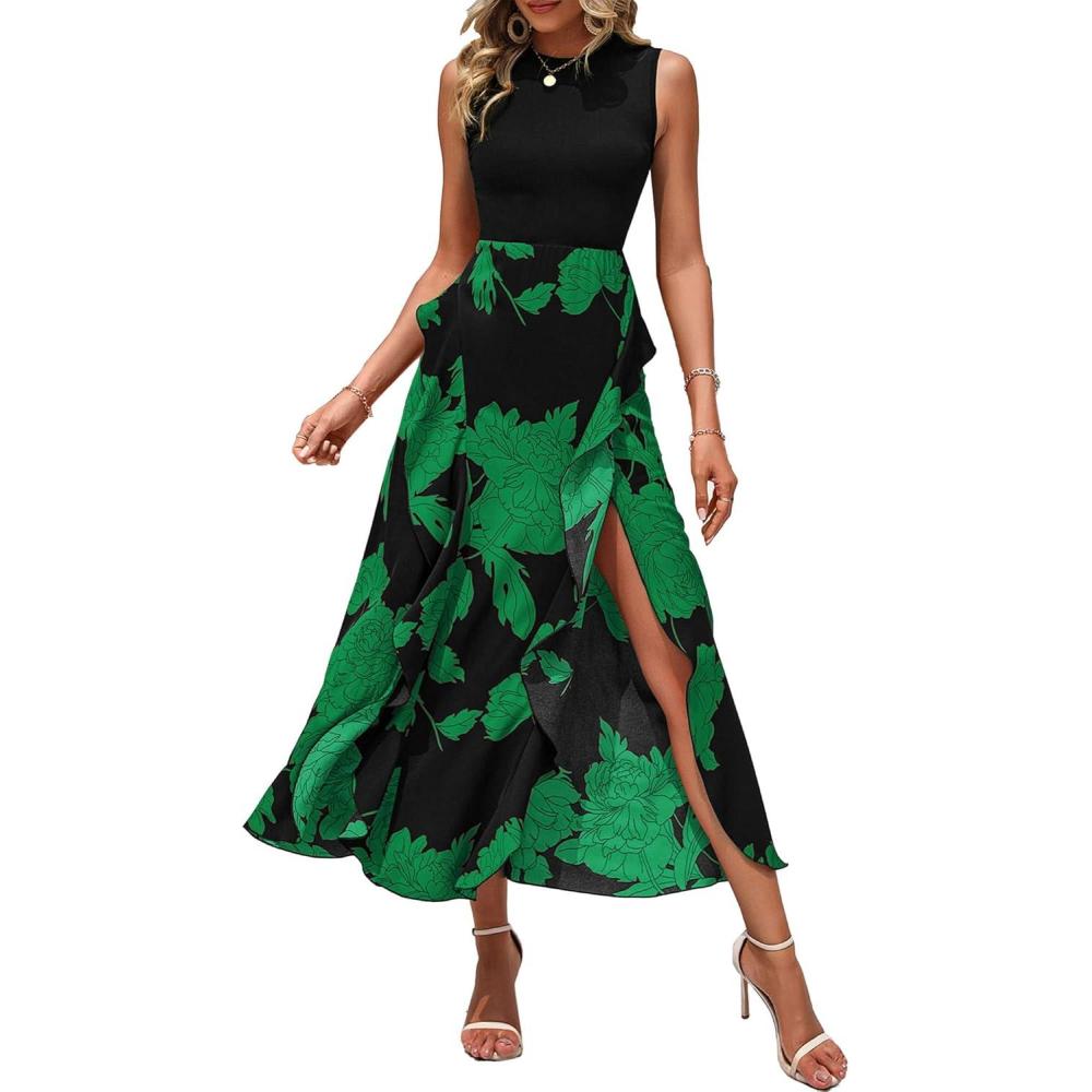 imageBTFBM Women Casual Sleeveless Summer Dresses 2026 Spring Crewneck Patchwork Boho Floral Ruffle Cocktail Party Midi DressBig Floral Green