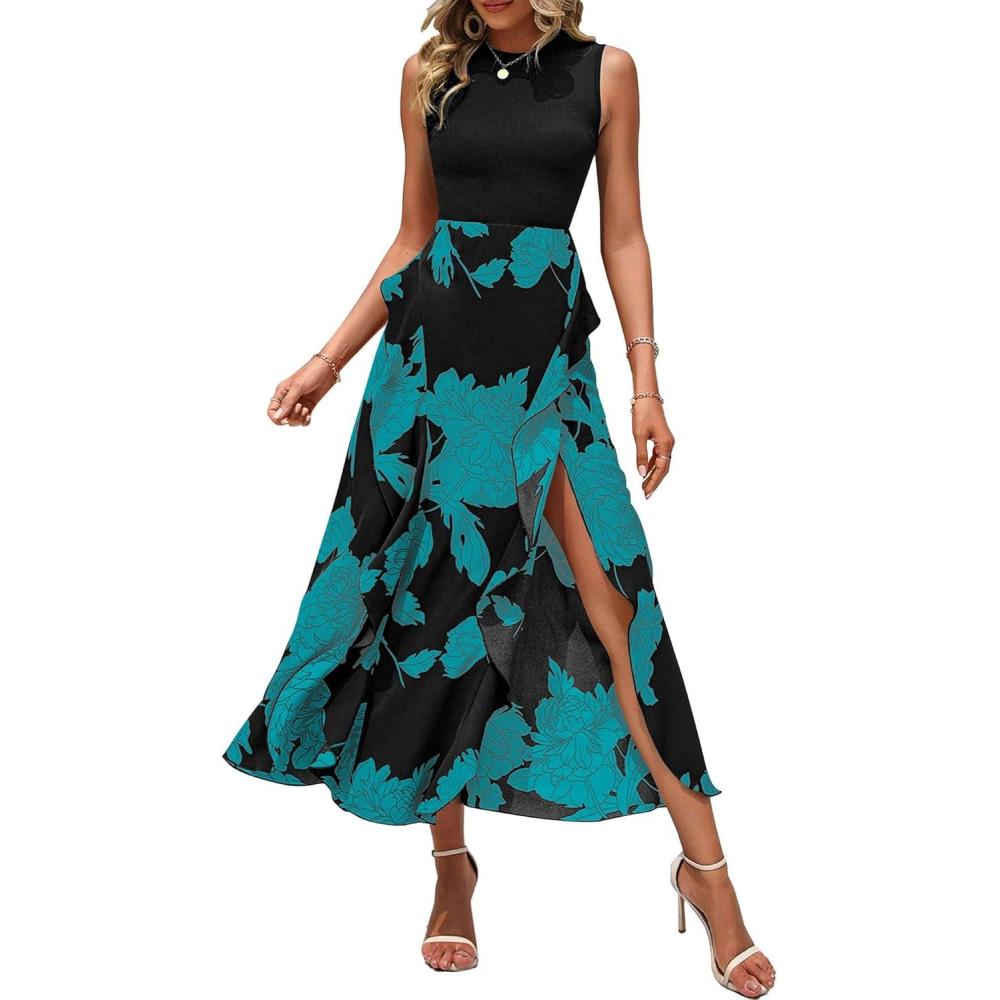 imageBTFBM Women Casual Sleeveless Summer Dresses 2026 Spring Crewneck Patchwork Boho Floral Ruffle Cocktail Party Midi DressBig Floral Lake Blue