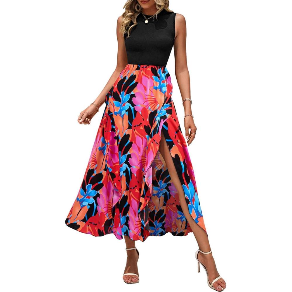 imageBTFBM Women Casual Sleeveless Summer Dresses 2026 Spring Crewneck Patchwork Boho Floral Ruffle Cocktail Party Midi DressBig Floral Multicolor