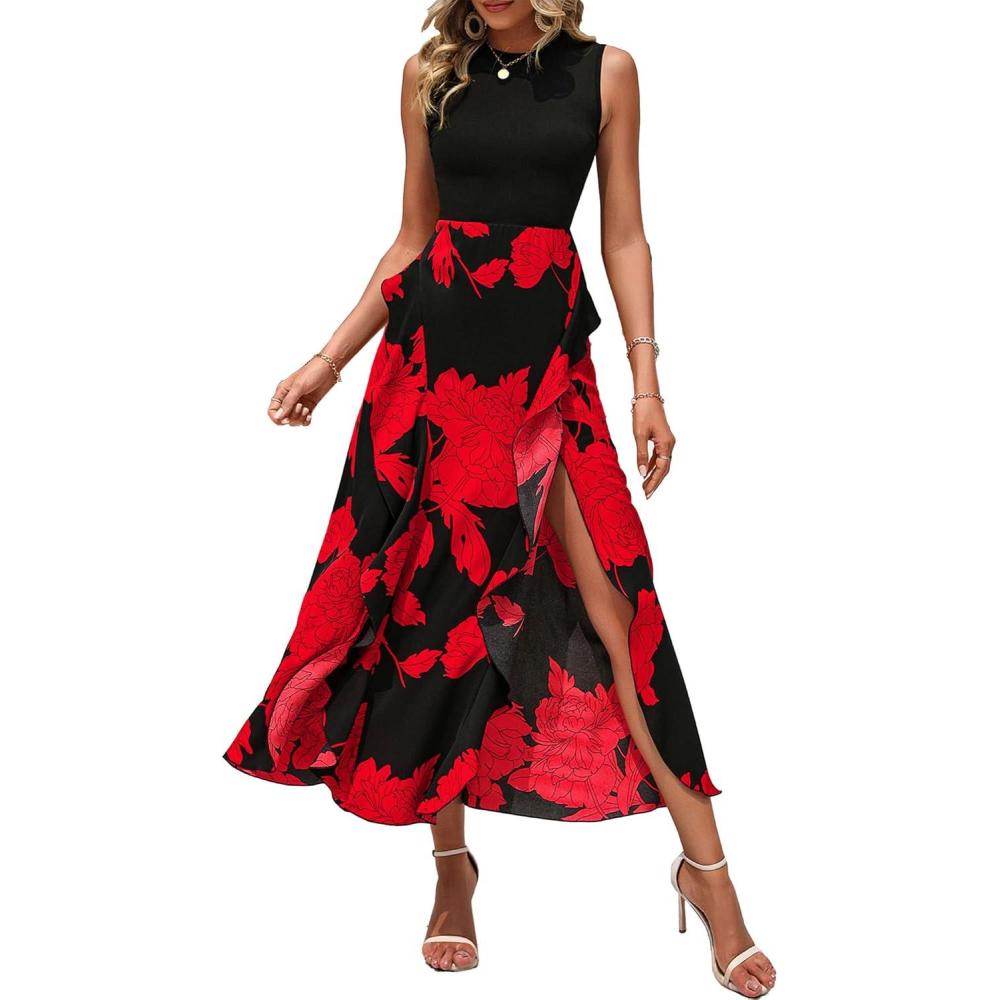 imageBTFBM Women Casual Sleeveless Summer Dresses 2026 Spring Crewneck Patchwork Boho Floral Ruffle Cocktail Party Midi DressBig Floral Red