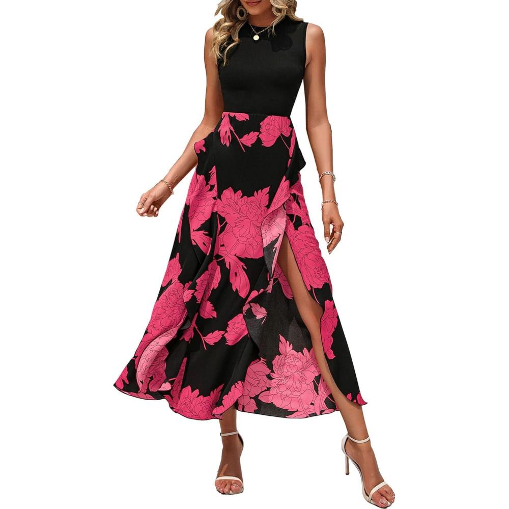 imageBTFBM Women Casual Sleeveless Summer Dresses 2026 Spring Crewneck Patchwork Boho Floral Ruffle Cocktail Party Midi DressBig Floral Rose Red