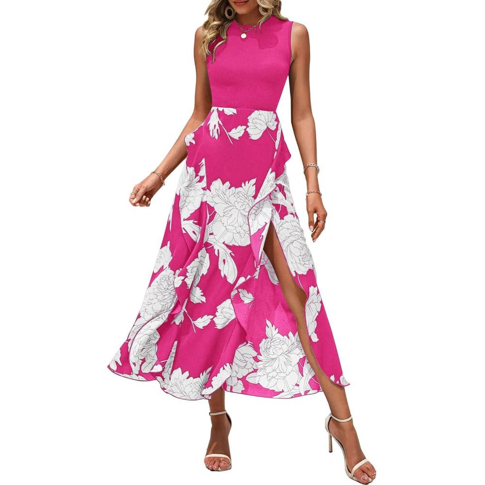 imageBTFBM Women Casual Sleeveless Summer Dresses 2026 Spring Crewneck Patchwork Boho Floral Ruffle Cocktail Party Midi DressBig Floral White Rose Red