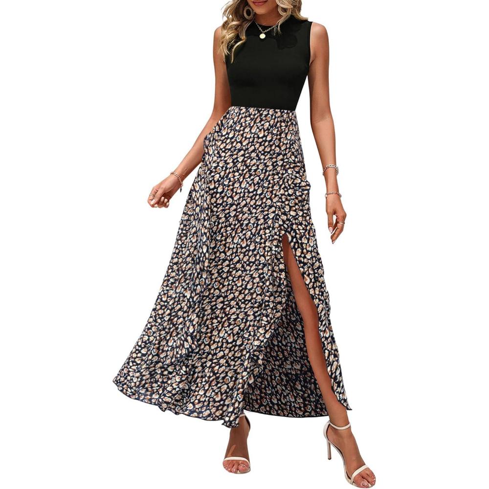 imageBTFBM Women Casual Sleeveless Summer Dresses 2026 Spring Crewneck Patchwork Boho Floral Ruffle Cocktail Party Midi DressFloral Black