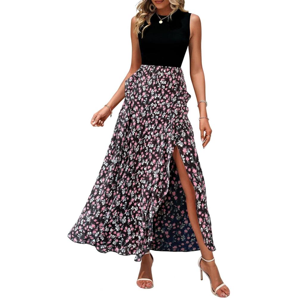 imageBTFBM Women Casual Sleeveless Summer Dresses 2026 Spring Crewneck Patchwork Boho Floral Ruffle Cocktail Party Midi DressFloral Black Pink