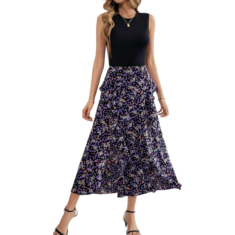 imageBTFBM Women Casual Sleeveless Summer Dresses 2026 Spring Crewneck Patchwork Boho Floral Ruffle Cocktail Party Midi DressFloral Purple