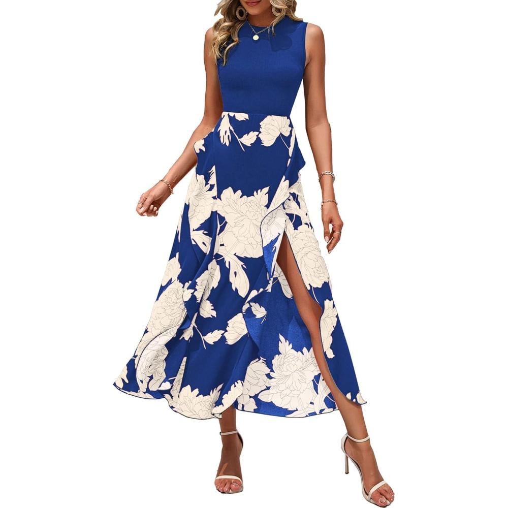 imageBTFBM Women Casual Sleeveless Summer Dresses 2026 Spring Crewneck Patchwork Boho Floral Ruffle Cocktail Party Midi DressWhite Floral Bright Blue