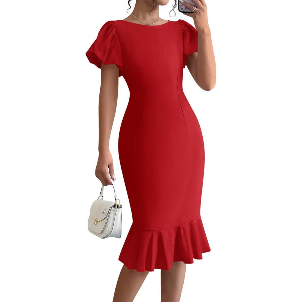 imageBTFBM Women Formal Wedding Guest Cocktail Dresses 2026 Short Sleeve Ruffle Mermaid Work Bodycon Elegant Midi Summer DressRed