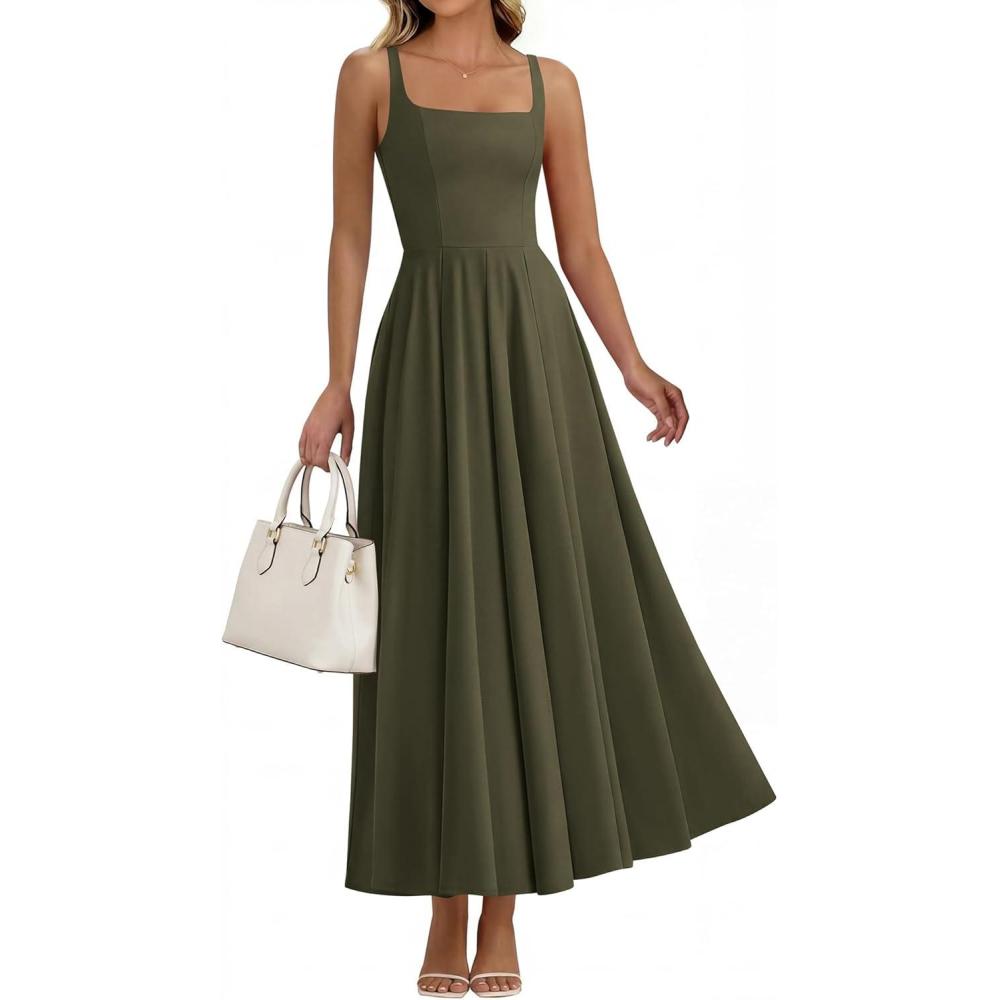 imageBTFBM Women Summer Square Neck Maxi Dress Spring 2026 Elegant Classy Sleeveless Formal Wedding Guest Cocktail DressesArmy Green